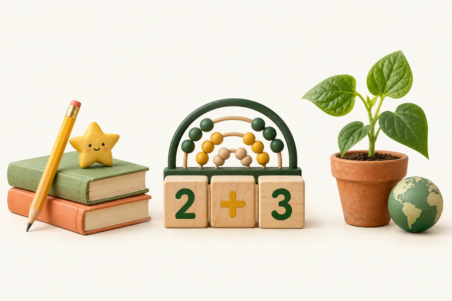 Objets d’apprentissage en volume : livres, chiffres, globe et jeune plante